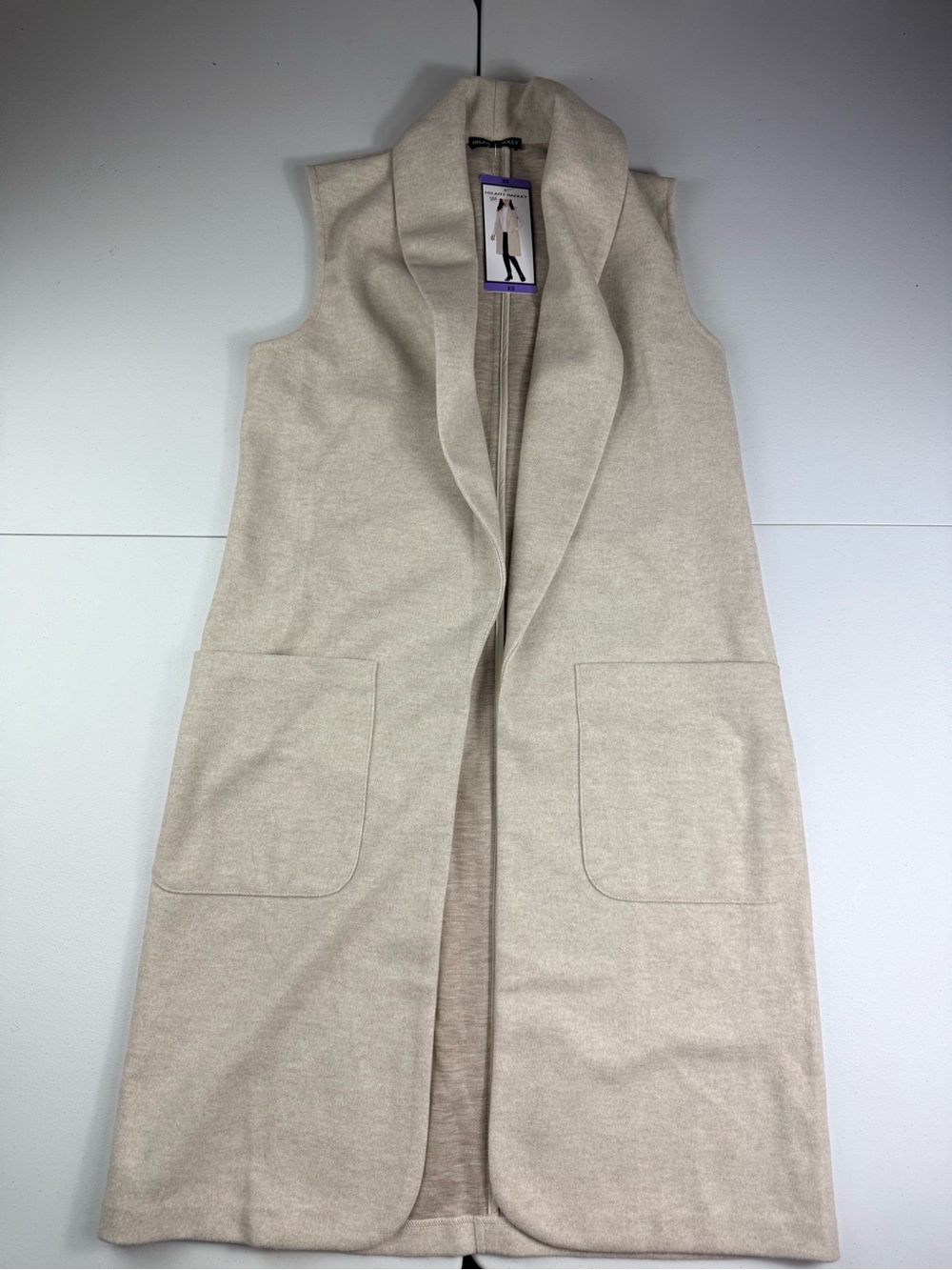 Hilary Radley Long Open-Front Sleeveless Vest in Light Cream